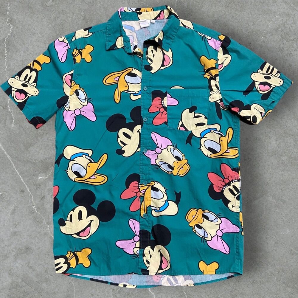 Mickey Mouse and Friends Woven Shirt Teal Button Up Unisex Adult Size Medium